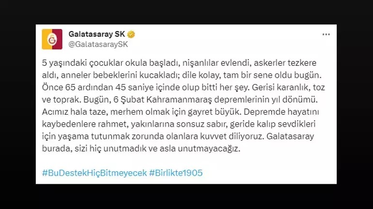 GALATASARAY’DAN 6 ŞUBAT MESAJI