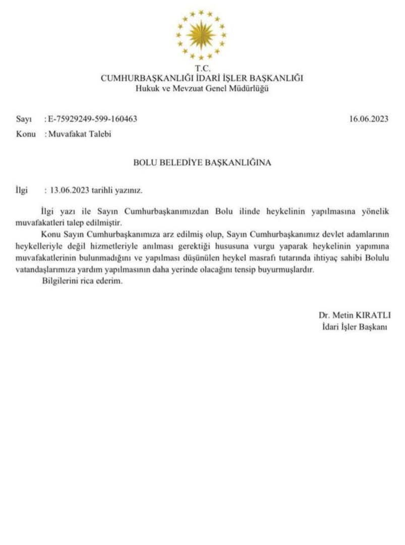 Boluya Cumhurbaskanligindan heykel muvafakatina ret - Marmara Bölge: Balıkesir Son Dakika Haberleri ile Hava Durumu