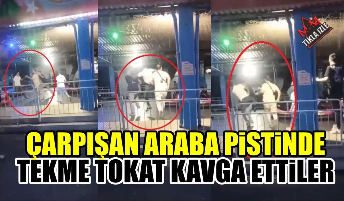 ÇARPIŞAN ARABA PİSTİNDE TEKME TOKAT KAVGA ETTİLER 