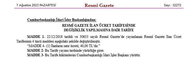 Resmi Gazete ilan ucretlerine zam Satiri 40 TL oldu - Marmara Bölge: Balıkesir Son Dakika Haberleri ile Hava Durumu