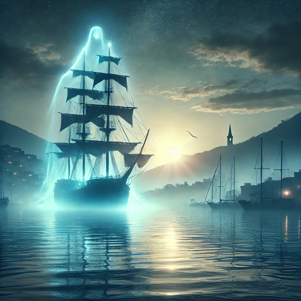 DALL·E 2024 12 20 18.02.10 A mysterious digital painting of Bandirmas sea at sunrise featuring a ghost ship inspired by the Flying Dutchman legend. The scene includes glowing - Marmara Bölge: Balıkesir Son Dakika Haberleri ile Hava Durumu