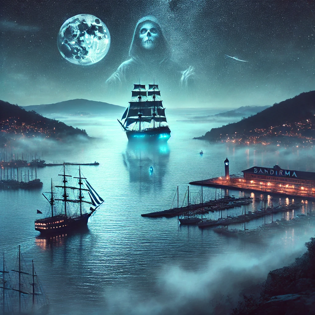 DALL·E 2024 12 20 18.01.26 An atmospheric digital painting depicting Bandirmas sea at night with a ghost ship inspired by the Flying Dutchman legend. The scene features calm wa - Marmara Bölge: Balıkesir Son Dakika Haberleri ile Hava Durumu