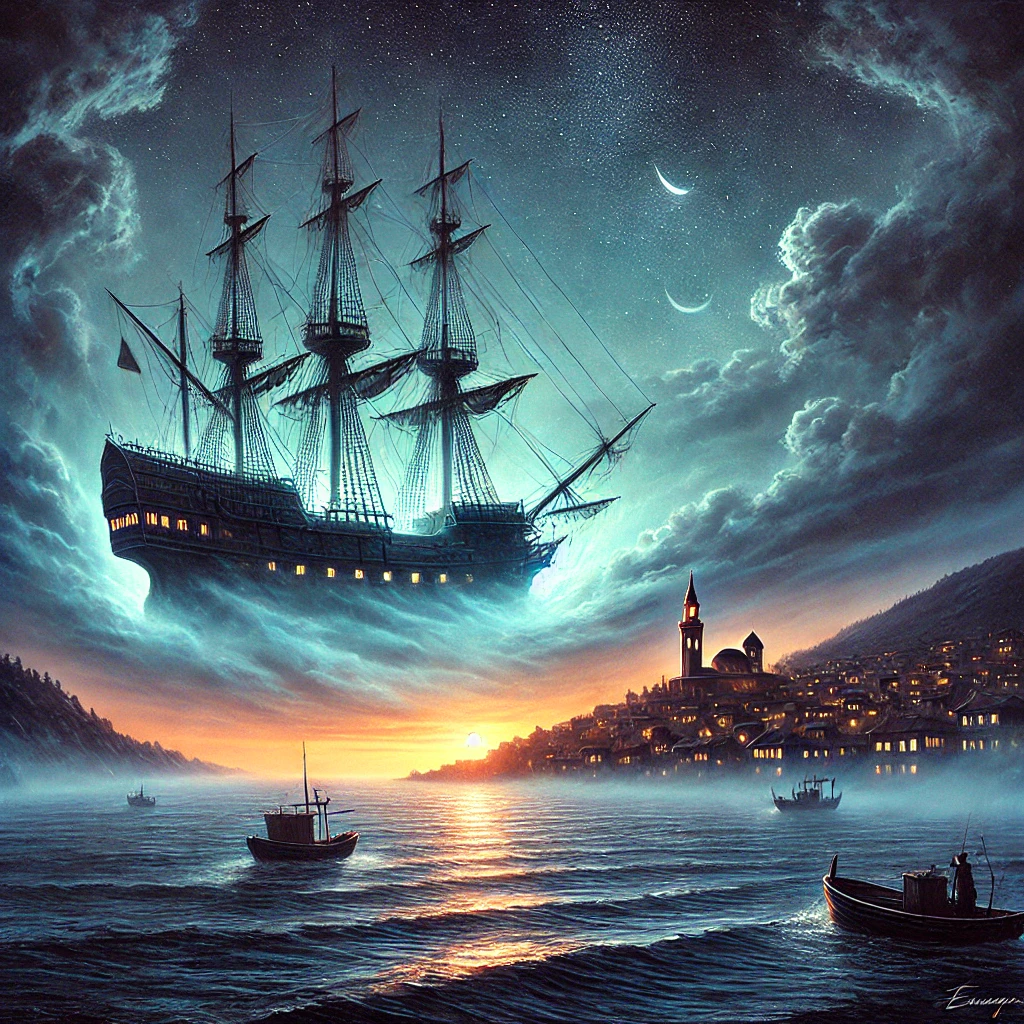 DALL·E 2024 12 20 18.02.24 A realistic and mysterious painting of Bandirmas coastline at dusk showcasing a ghost ship inspired by the Flying Dutchman legend. The ship emits an - Marmara Bölge: Balıkesir Son Dakika Haberleri ile Hava Durumu