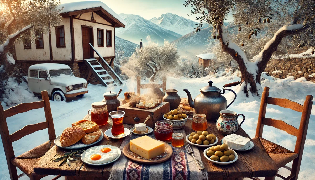 DALL·E 2025 01 05 15.03.25 A picturesque winter scene of a traditional Turkish koy kahvaltisi village breakfast on a rustic wooden table. The table is laden with olives honey - Marmara Bölge: Balıkesir Son Dakika Haberleri ile Hava Durumu