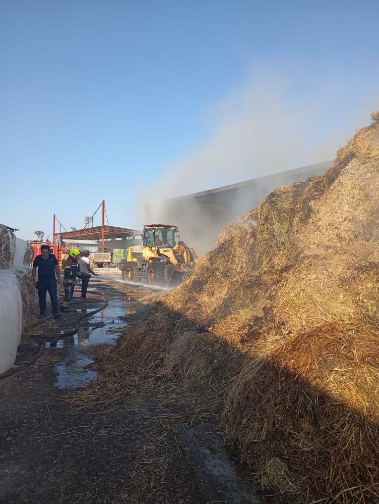 Balıkesir’in Burhaniye ilçesinde bir tarım ve hayvancılık işletmesinde çıkan saman