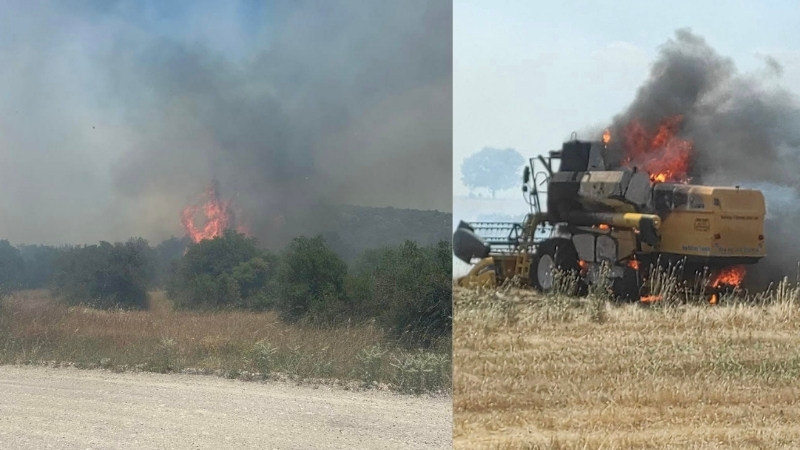 Balıkesir’in İvrindi ilçesinde biçerdöverin alev almasıyla başlayan yangın tarlaya sıçradı.