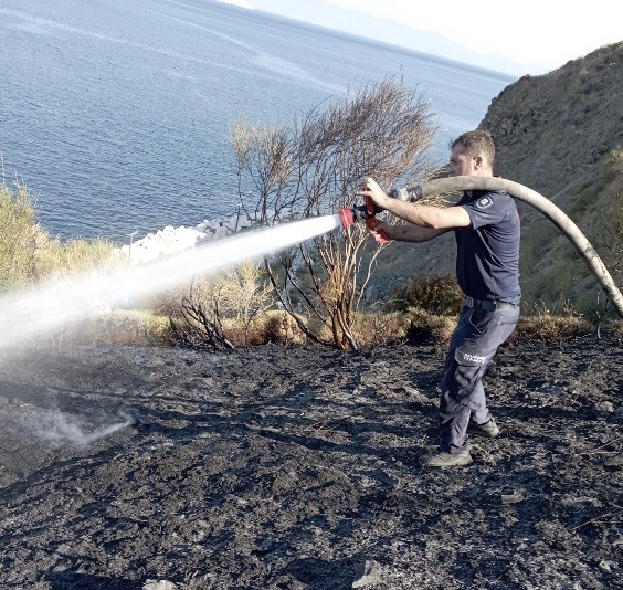 Balıkesir’in Marmara Adası ilçesine bağlı Çınarlı Mahallesi’nde çıkan arazi yangını,