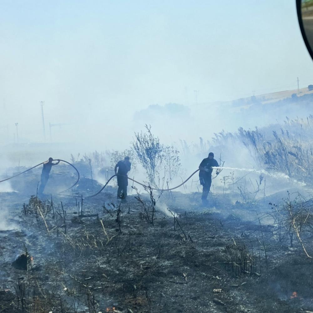 Balıkesir’in Bandırma ilçesinde yol kenarında çıkan ot yangını, itfaiye ekiplerinin