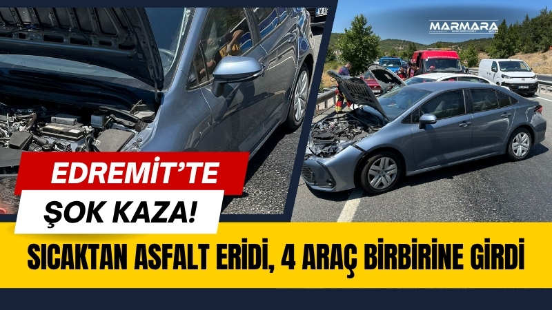 Balıkesir'in Edremit istikametindeki Evciler Kavşağı mevkiinde, aşırı sıcaklar asfaltı adeta