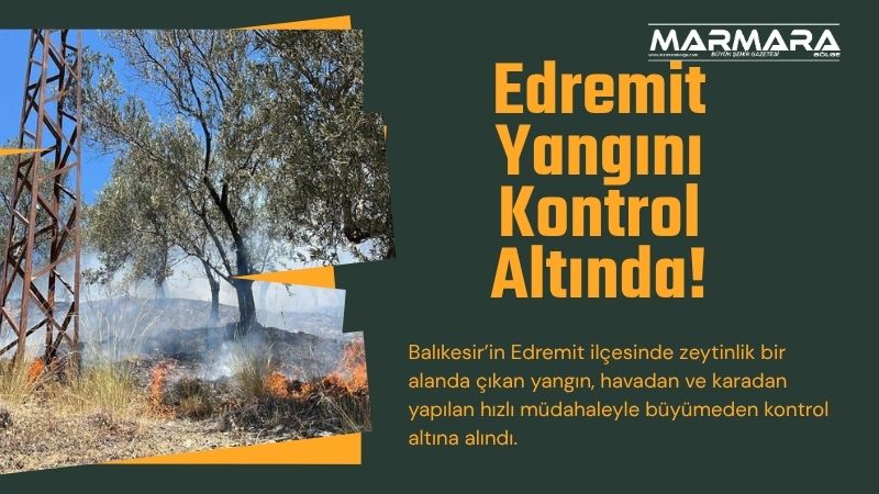 Balıkesir’in Edremit ilçesinde zeytinlik bir alanda çıkan yangın, havadan ve