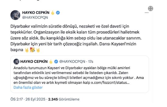 Konserleri İptal Edilen Hayko Cepkin’den Umut Veren Açıklama! Ekran Alintisi 9 - Marmara Bölge Gazetesi