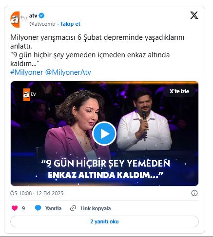 9 Gün Göçük Altında Bekleyen Depremzede Milyoner Yarışmasında Yaşadıklarını Anlattı Ekran Alintisi 10 - Marmara Bölge Gazetesi