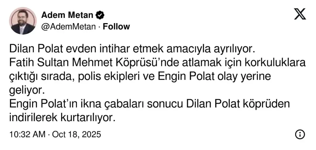 Dilan Polat Hakkında Şok Gelişme: Köprüde İntihar Girişimi İddiası adem1 - Marmara Bölge Gazetesi