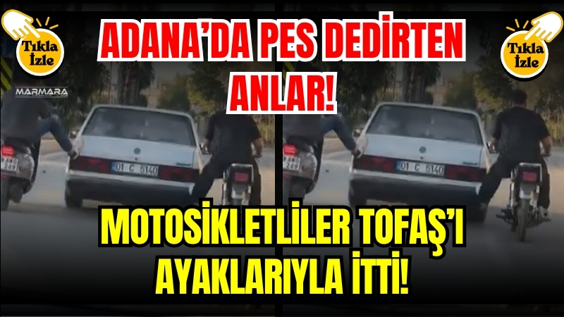 Adana’nın Seyhan ilçesinde iki motosiklet sürücüsü, yolda kalan Tofaş marka