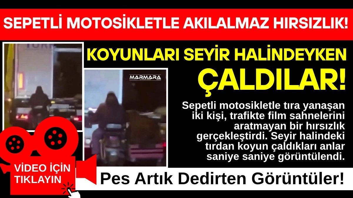 Sepetli motosikletle tıra yanaşan iki kişi, trafikte film sahnelerini aratmayan