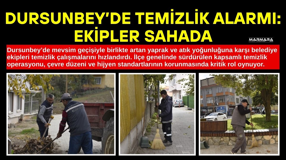 Dursunbey’de mevsim geçişiyle birlikte cadde ve sokaklarda biriken yapraklar ve