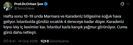 İstanbul’a Kar Geri Dönüyor! Meteoroloji ve AKOM Tarih Verdi: Fırtına, Yoğun Kar ve Don Alarmı Ekran goruntusu 2026 01 14 181029 - Marmara Bölge Gazetesi