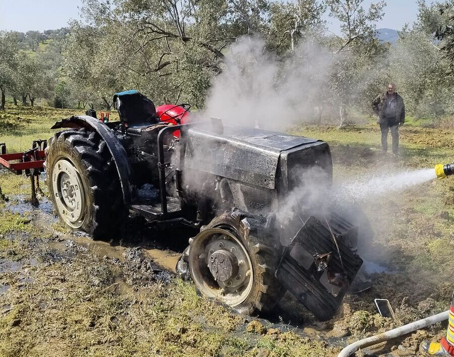 Edremit’e bağlı Yaylaönü Mahallesi’nde zeytinlik arazide park halindeki bir traktör