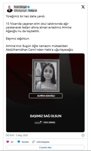 Okul Saldırısında Yaralanan 11 Yaşındaki Almina’dan Acı Haber Geldi Ekran Alintisi - Marmara Bölge Gazetesi
