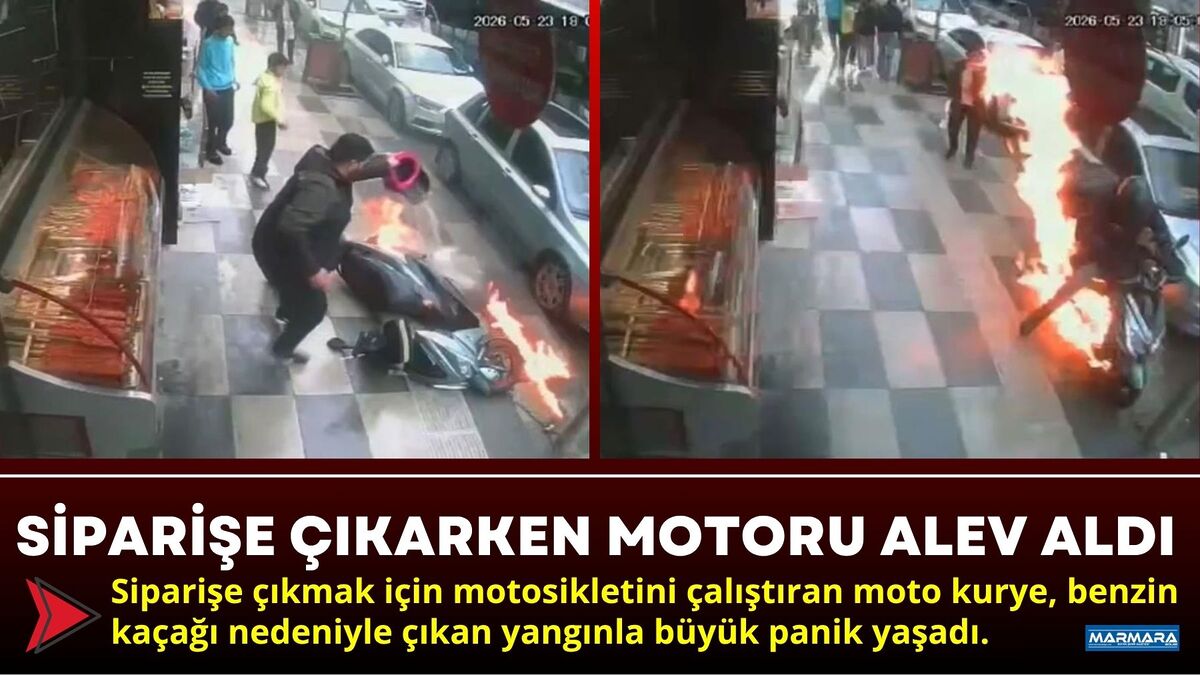 Siparişe çıkmak için motosikletini çalıştıran moto kurye, benzin kaçağı nedeniyle