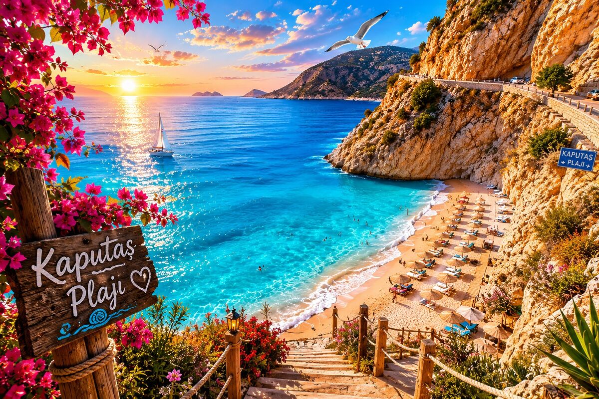 Antalya'nın Kaş ilçesinde bulunan Kaputaş Plajı, turkuaz denizi, altın sarısı