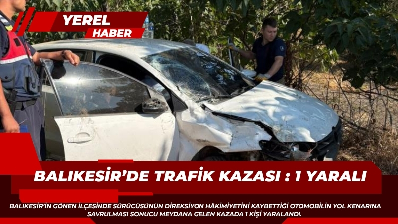 Balıkesir’in Gönen ilçesinde sürücüsünün direksiyon hâkimiyetini kaybettiği otomobilin yol kenarına