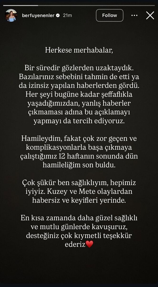 Berfu Yenenler Bebeğini Kaybettiğini Duyurdu s eea0ebe9e4c1926bb0543602ac6e2199fd835219 - Marmara Bölge Gazetesi
